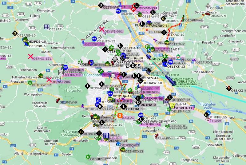Bécs és környéke az aprs.fi térképén