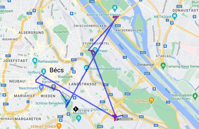 A Bécsben bejárt túra az aprs.fi térképén