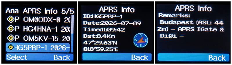 APRS távirat képernyőképei
