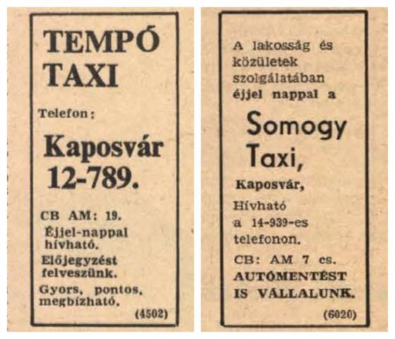 Kaposvári taxitársaságok 1985-ben